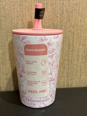 FrostBuddy​ Kids Stainless Steel Pink Floral Tumbler Cup Lid Straw NEW